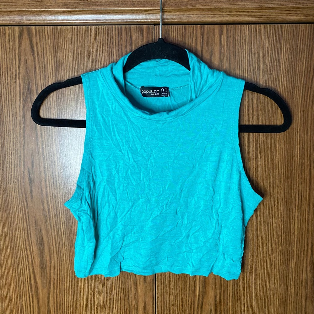 Popular Basics Crop Top Womens Large Teal Mock Neck Sleeveless